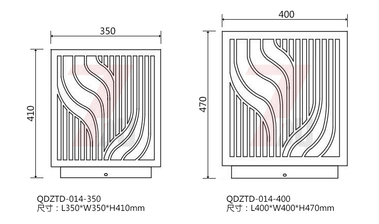 (QDZTD-014)古铜拉丝割花方形矮柱柱头灯350mm、400mm大规格尺寸示意图